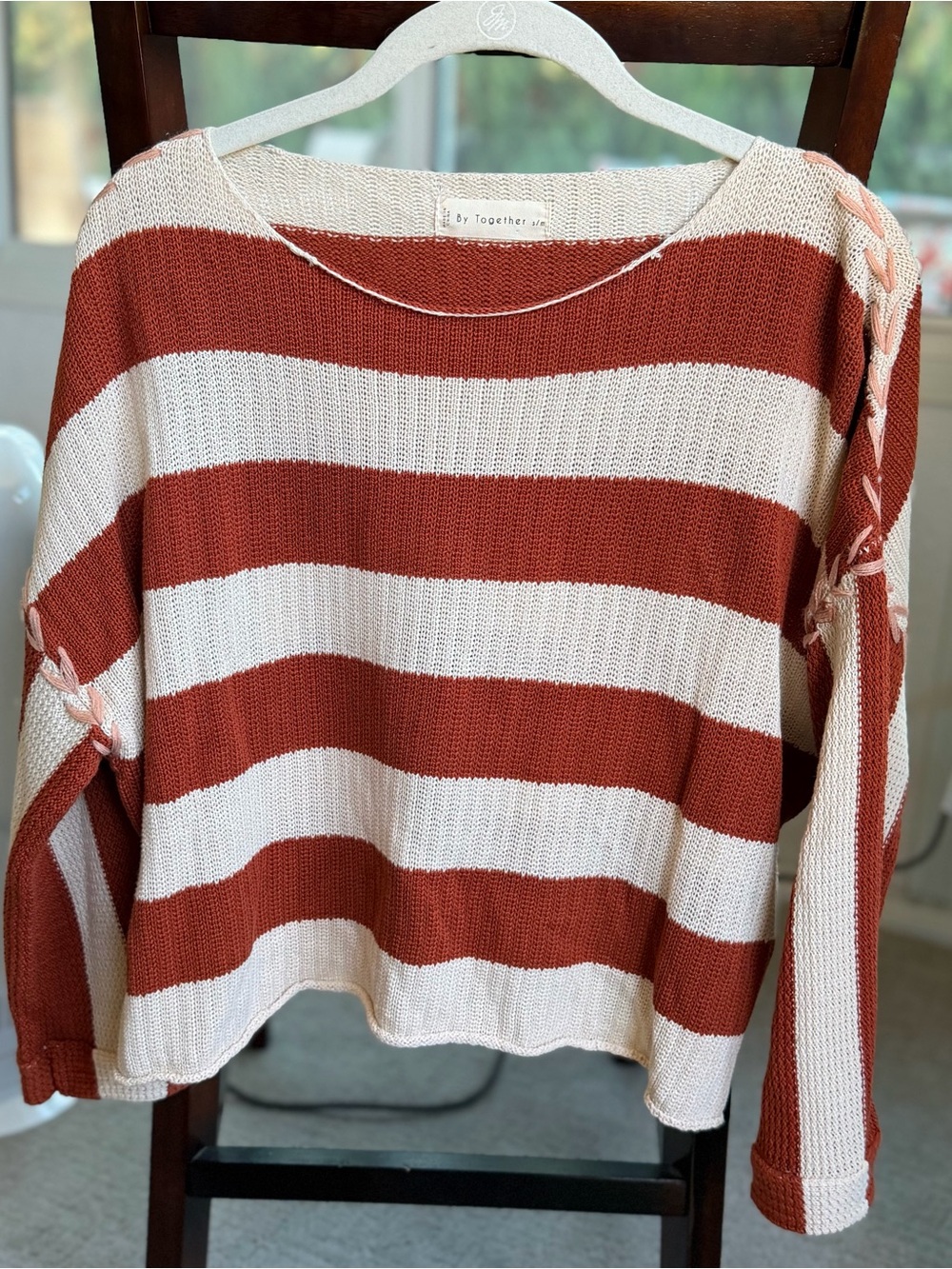 By Together Striped Lace-Up Sleeve Sweater S/M Rust Cream 100% Cotton Boho